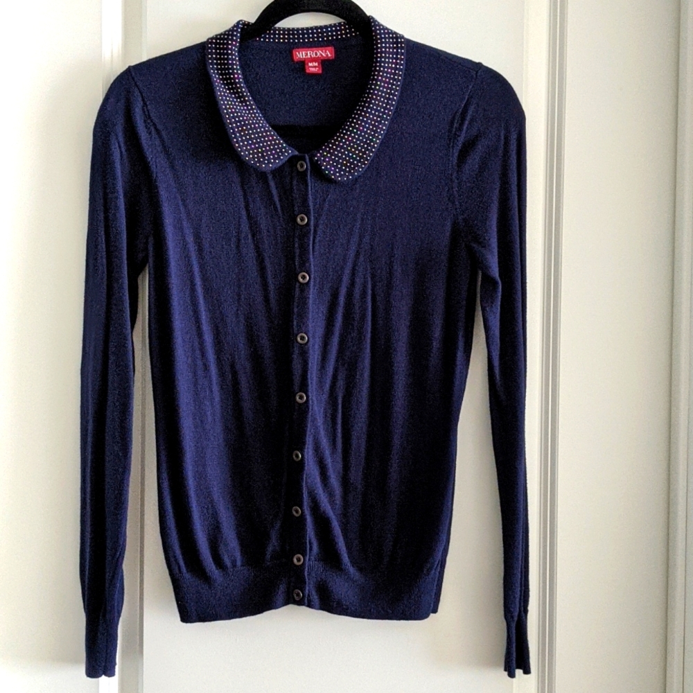 Navy Cardigan with Collar Accents in Medium